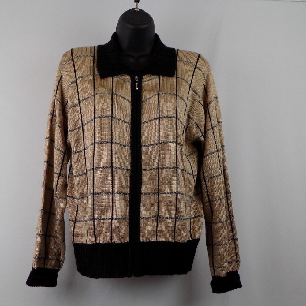 Fia Italia Sweater Women Size M Handloomed Brown Black Gray Full Zip Vintage